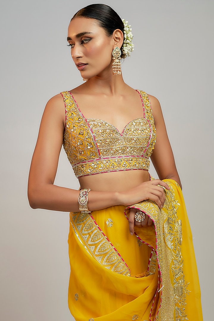 Yellow Georgette Hand & Machine Embroidered Wedding Lehenga Saree Set by GOPI VAID at Pernia's Pop Up Shop