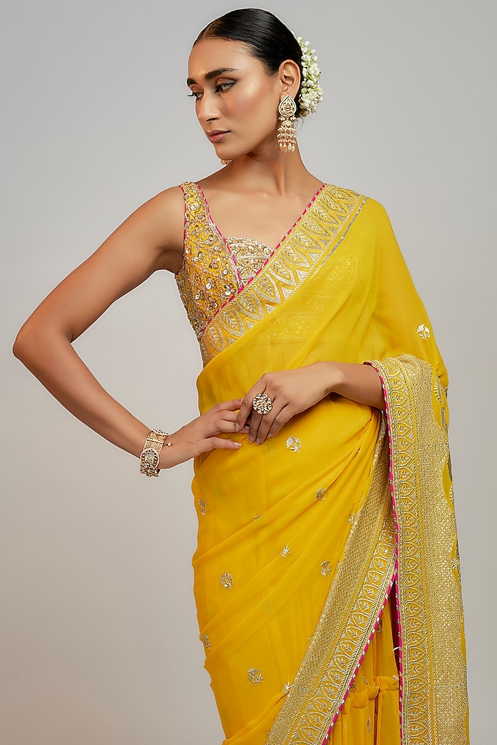 Yellow Georgette Hand & Machine Embroidered Wedding Lehenga Saree Set by GOPI VAID at Pernia's Pop Up Shop