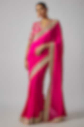 Pink Chiffon Gold Embroidered Wedding Saree Set by Gopi Vaid at Pernia's Pop Up Shop