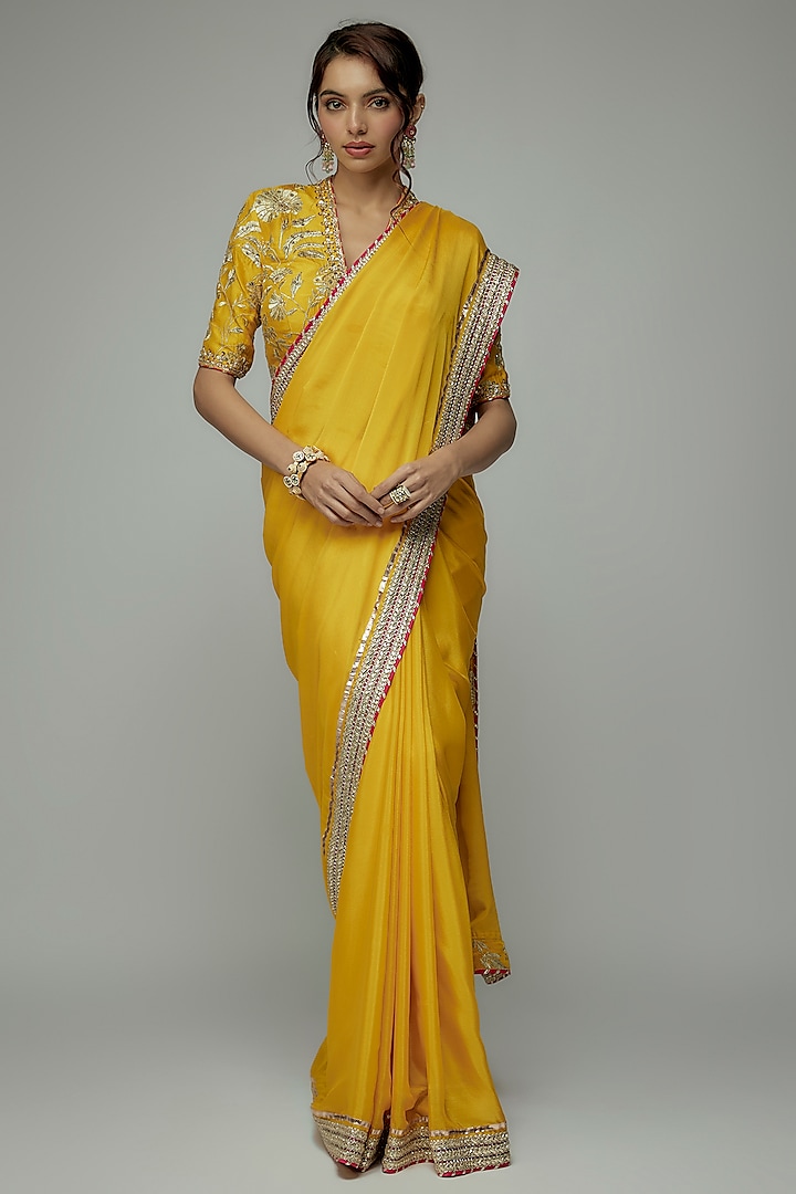 Yellow Chiffon Gold Embroidered Saree Set by GOPI VAID at Pernia's Pop Up Shop