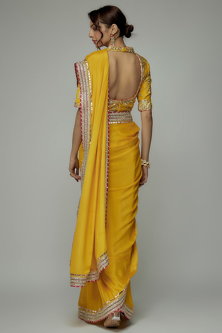 Yellow Chiffon Gold Embroidered Wedding Saree Set by GOPI VAID at Pernia's Pop Up Shop