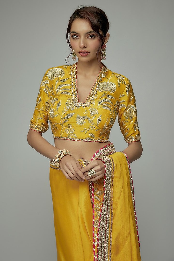 Yellow Chiffon Gold Embroidered Wedding Saree Set by GOPI VAID at Pernia's Pop Up Shop