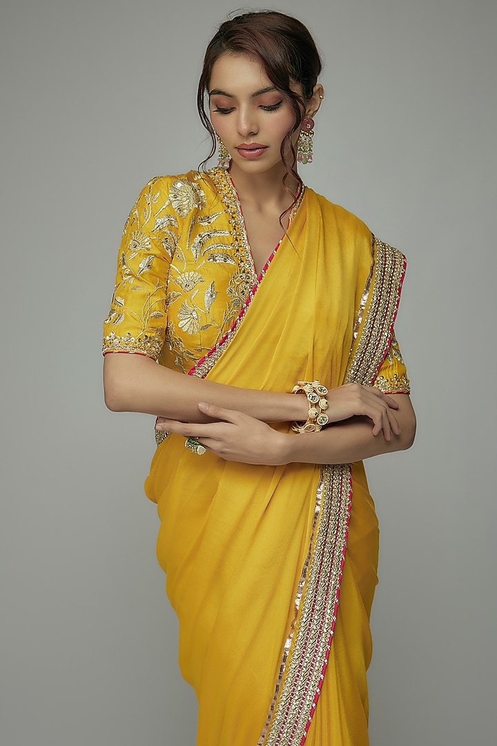 Yellow Chiffon Gold Embroidered Wedding Saree Set by GOPI VAID at Pernia's Pop Up Shop