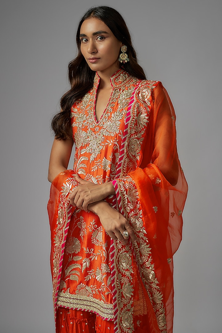 Orange Tussar Wedding Sharara Set by GOPI VAID at Pernia's Pop Up Shop