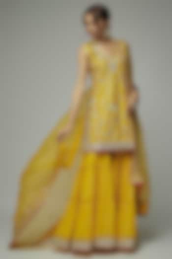 Yellow Dot Fabric Gota Embroidered Sharara Set by GOPI VAID