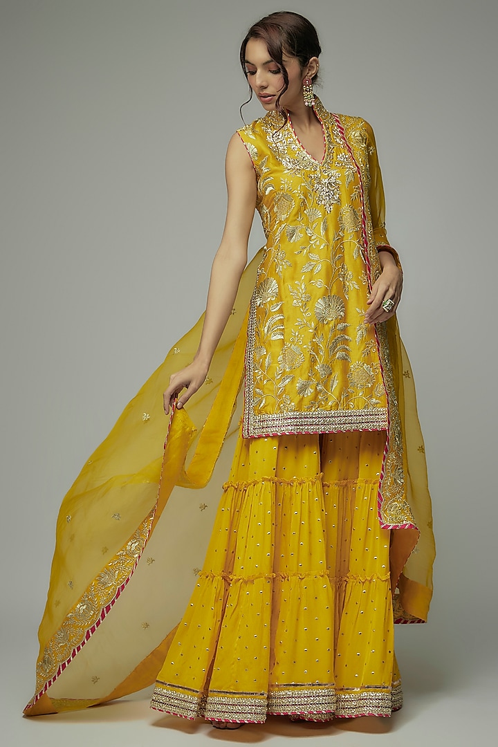 Yellow Dot Fabric Gota Embroidered Sharara Set by GOPI VAID