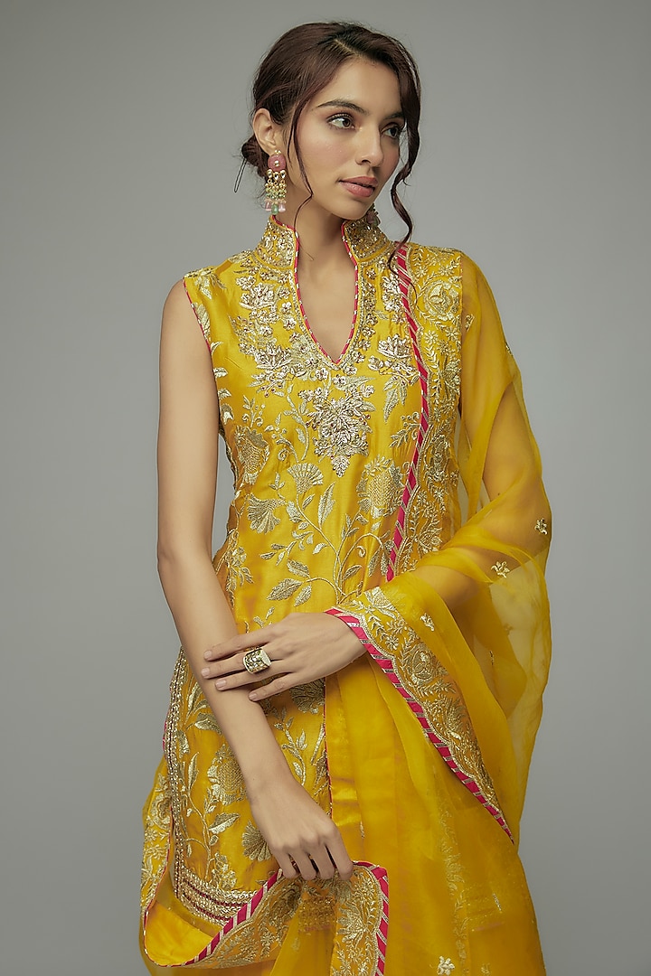 Yellow Dot Fabric Gota Embroidered Wedding Sharara Set by GOPI VAID at Pernia's Pop Up Shop