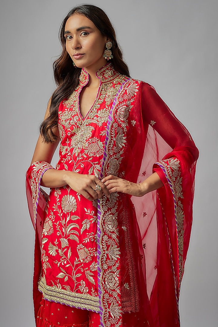 Red Tussar Wedding Sharara Set by GOPI VAID at Pernia's Pop Up Shop