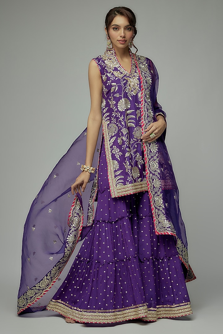 Purple Dot Fabric Gota Embroidered Wedding Sharara Set by GOPI VAID at Pernia's Pop Up Shop