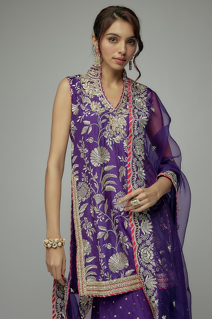 Purple Dot Fabric Gota Embroidered Wedding Sharara Set by GOPI VAID at Pernia's Pop Up Shop