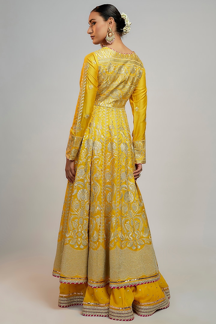 Yellow Chiffon Thread Embroidered Wedding Anarkali With Jacket by GOPI VAID at Pernia's Pop Up Shop