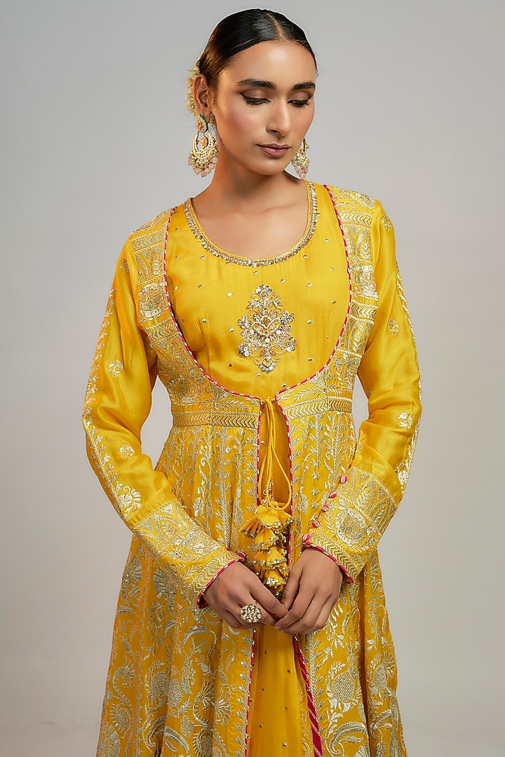Yellow Chiffon Thread Embroidered Wedding Anarkali With Jacket by GOPI VAID at Pernia's Pop Up Shop