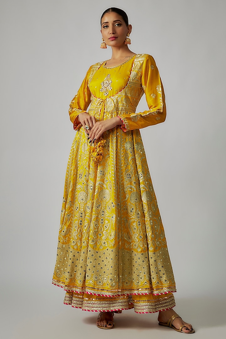 Yellow Tussar Thread Work Kalidar Jacket With Inner by Gopi Vaid