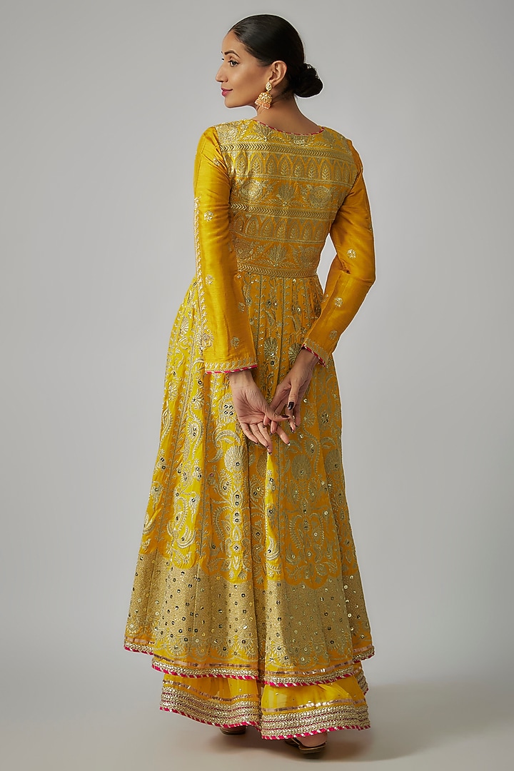 Yellow Tussar Thread Work Kalidar Jacket With Inner by Gopi Vaid at Pernia's Pop Up Shop