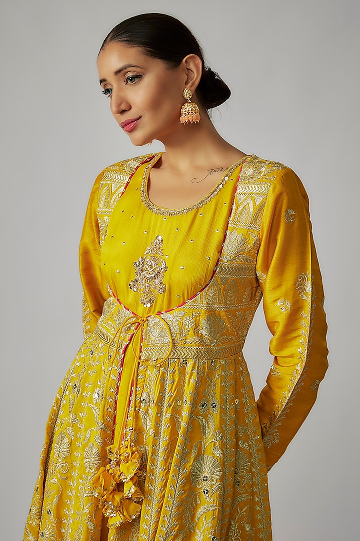 Yellow Tussar Thread Work Kalidar Jacket With Inner by Gopi Vaid at Pernia's Pop Up Shop