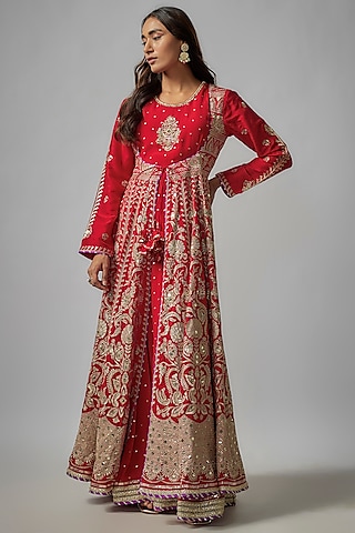 Red Tussar Thread Work Kalidar Anarkali Set by GOPI VAID