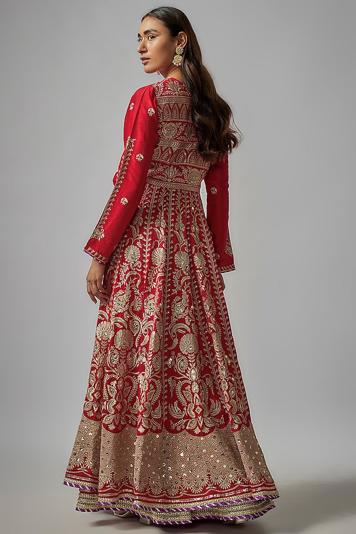 Red Tussar Thread Work Kalidar Wedding Anarkali Set by GOPI VAID at Pernia's Pop Up Shop