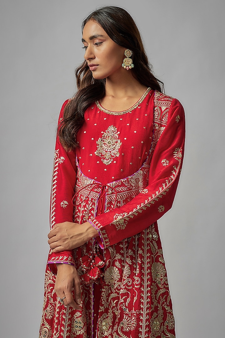 Red Tussar Thread Work Kalidar Wedding Anarkali Set by GOPI VAID at Pernia's Pop Up Shop