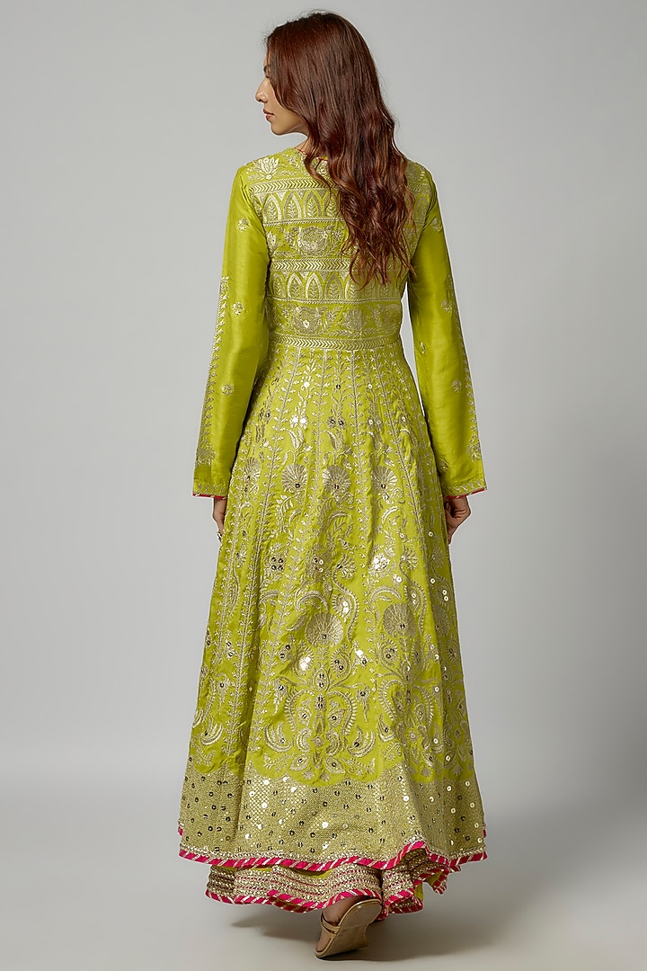 Green Tussar Kalidar Wedding Anarkali by GOPI VAID at Pernia's Pop Up Shop