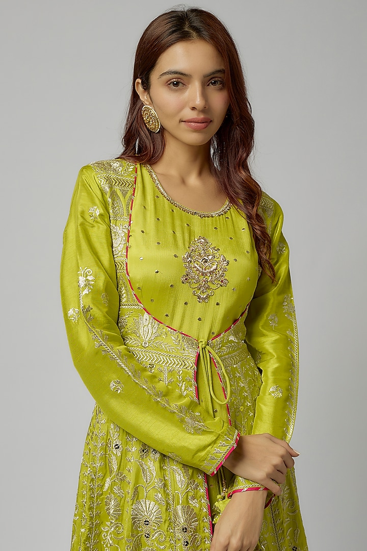 Green Tussar Kalidar Wedding Anarkali by GOPI VAID at Pernia's Pop Up Shop