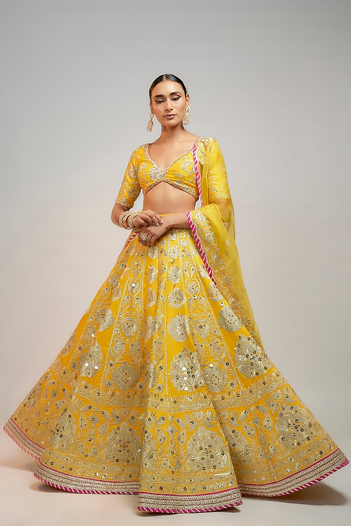 Yellow Tussar Motif Embroidered Bridal Lehenga Set by GOPI VAID at Pernia's Pop Up Shop