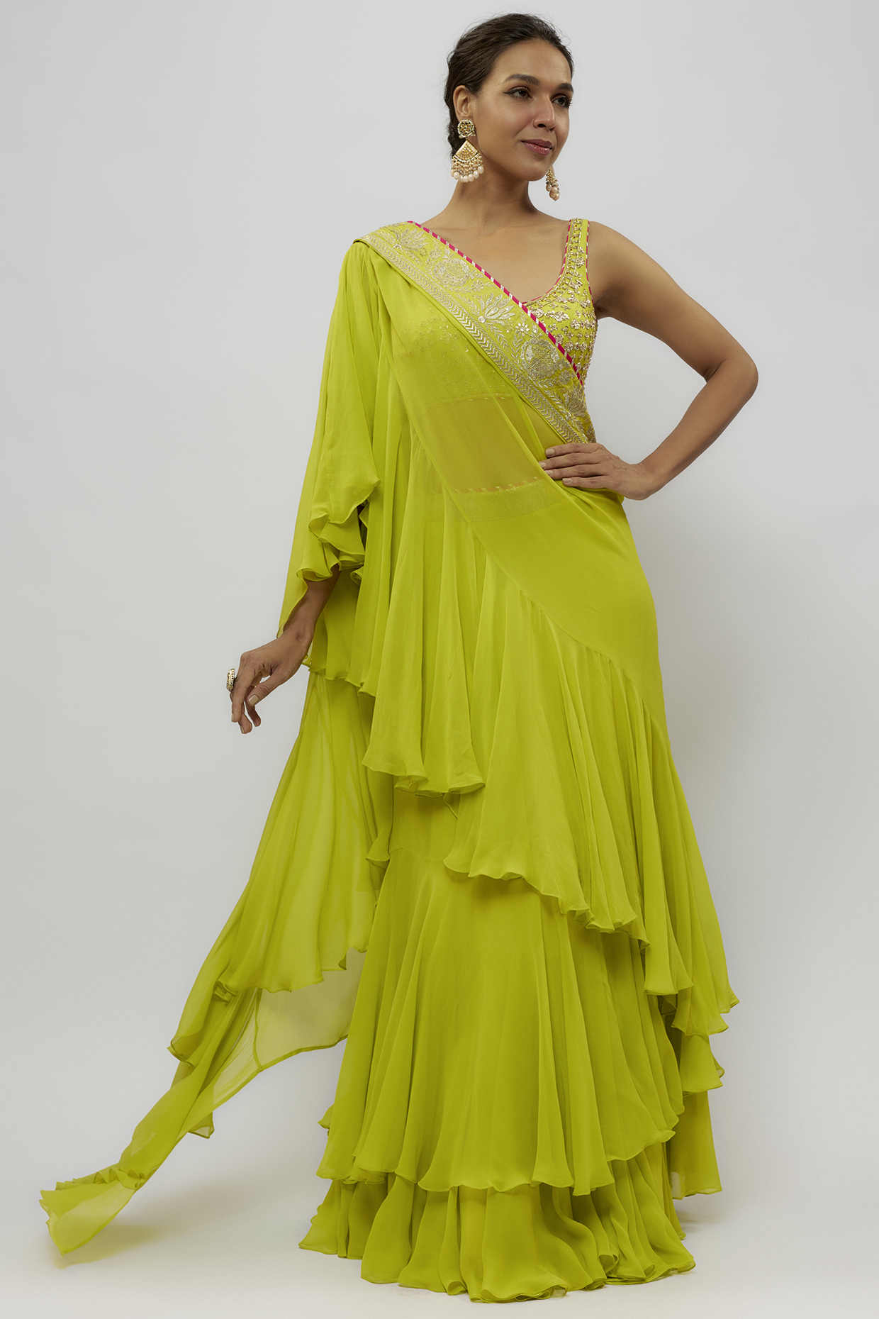 Green Chiffon Draped Wedding Saree Set by GOPI VAID at Pernia's Pop Up Shop