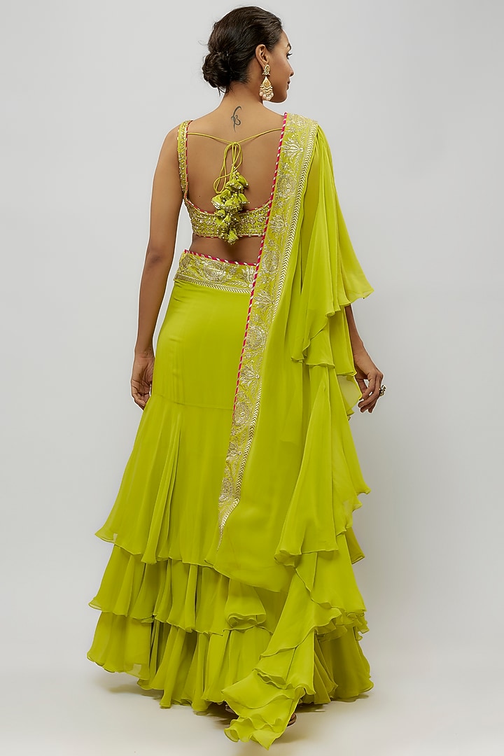 Green Chiffon Draped Wedding Saree Set by GOPI VAID at Pernia's Pop Up Shop