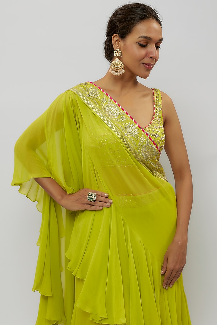 Green Chiffon Draped Wedding Saree Set by GOPI VAID at Pernia's Pop Up Shop