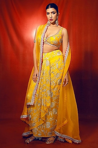 Yellow Georgette Draped Skirt Set by GOPI VAID