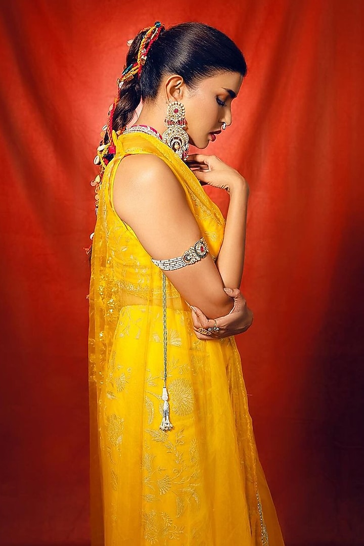 Yellow Georgette Draped Skirt Set by GOPI VAID at Pernia's Pop Up Shop