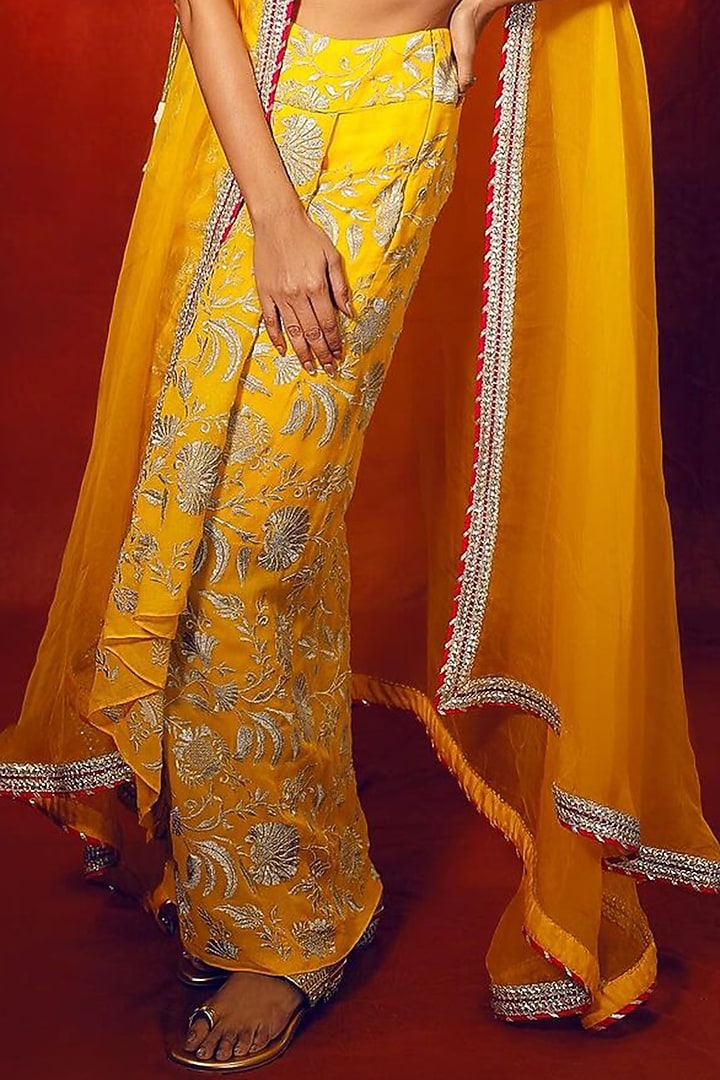 Yellow Georgette Draped Skirt Set by GOPI VAID at Pernia's Pop Up Shop