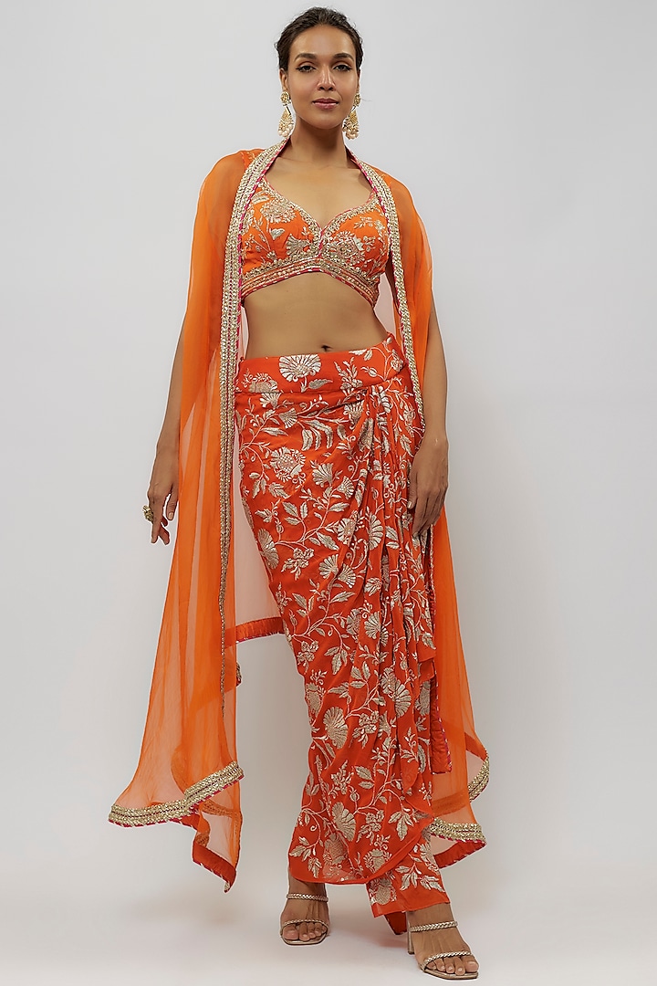 Orange Georgette Draped Skirt Set by GOPI VAID at Pernia's Pop Up Shop