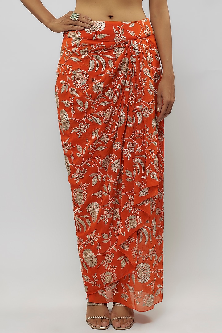 Orange Georgette Draped Skirt Set by GOPI VAID at Pernia's Pop Up Shop
