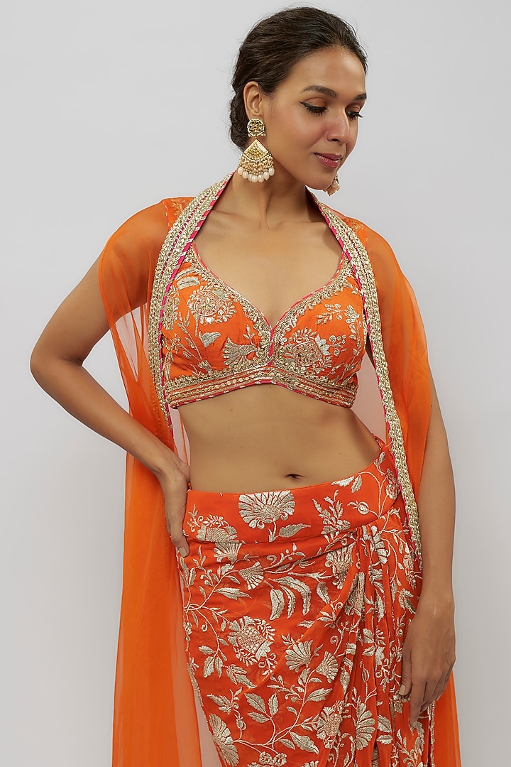 Orange Georgette Draped Skirt Set by GOPI VAID at Pernia's Pop Up Shop