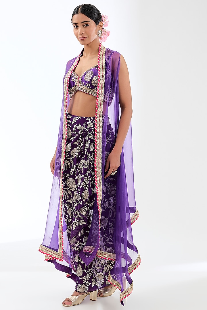 Purple Georgette Draped Skirt Set by GOPI VAID at Pernia's Pop Up Shop
