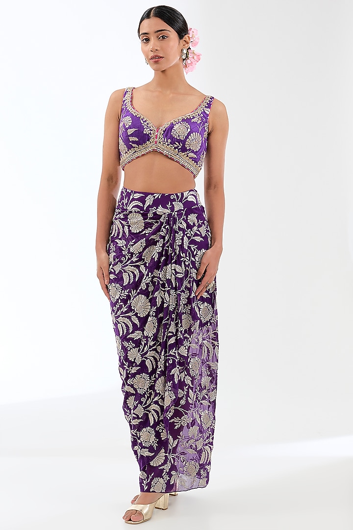 Purple Georgette Draped Skirt Set by GOPI VAID at Pernia's Pop Up Shop