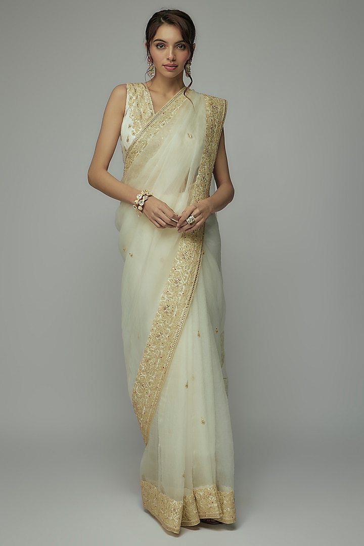 White Organza Embroidered Saree Set by GOPI VAID at Pernia's Pop Up Shop