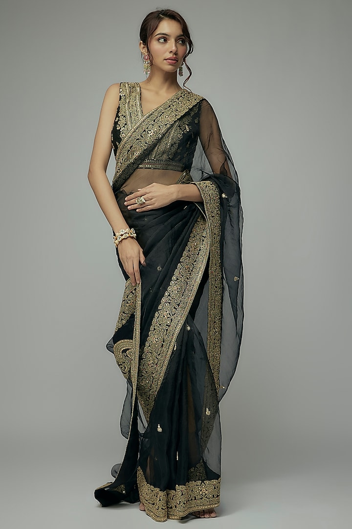 Black Organza Embroidered Saree Set by GOPI VAID at Pernia's Pop Up Shop