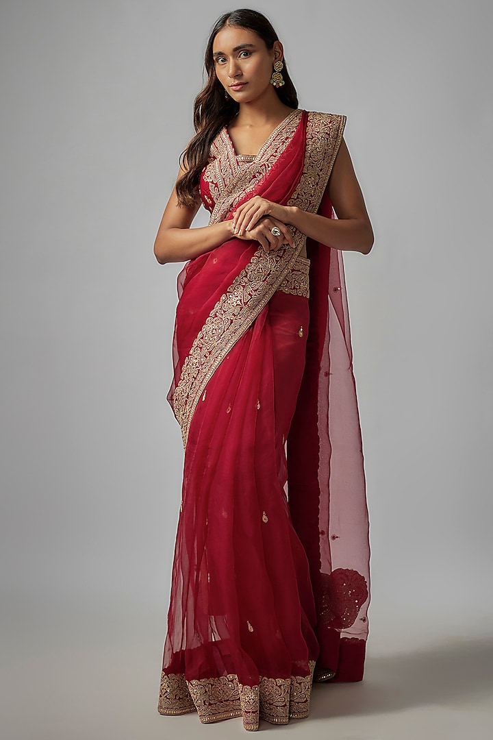 Red Organza Embroidered Saree Set by GOPI VAID