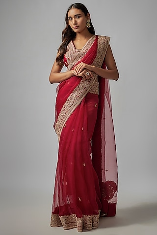 Buy Attractive Red Sequins Work Chinon Party Wear Saree With