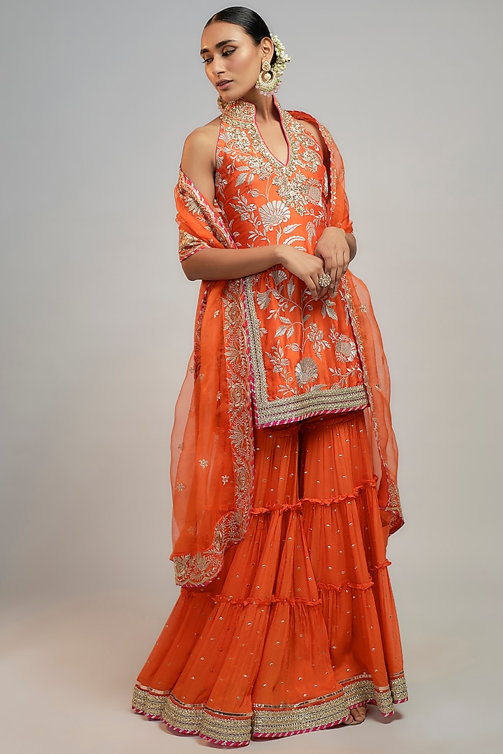 Orange Dot Fabric Hand & Machine Embroidered Sharara Set by GOPI VAID