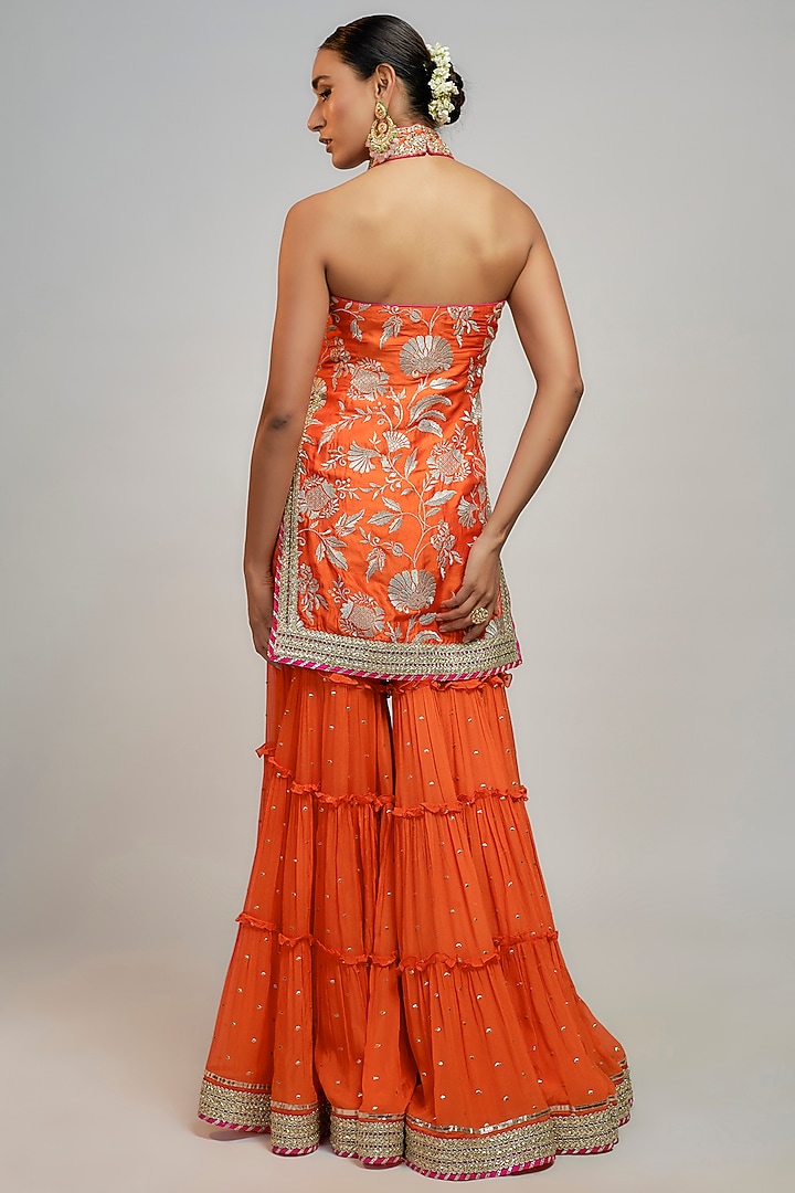 Orange Dot Fabric Hand & Machine Embroidered Wedding Sharara Set by GOPI VAID at Pernia's Pop Up Shop