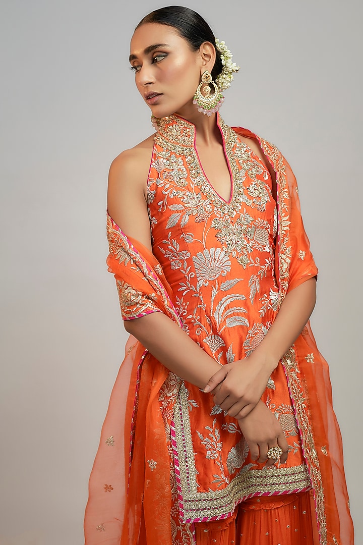 Orange Dot Fabric Hand & Machine Embroidered Wedding Sharara Set by GOPI VAID at Pernia's Pop Up Shop