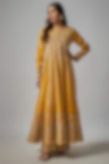 Yellow Tussar Motifs Embroidered Bridal Anarkali Set by GOPI VAID at Pernia's Pop Up Shop