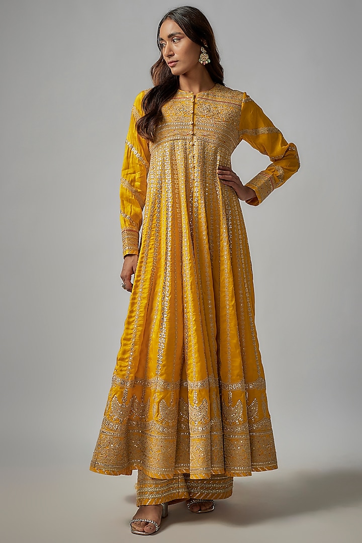 Yellow Tussar Motifs Embroidered Bridal Anarkali Set by GOPI VAID at Pernia's Pop Up Shop