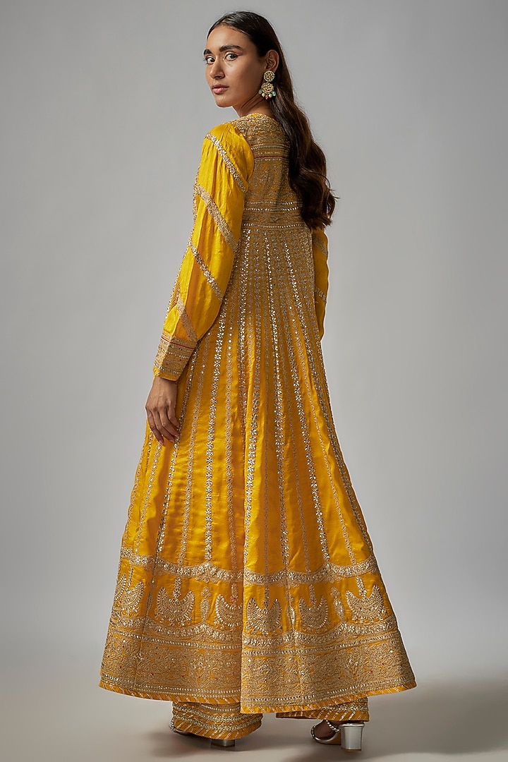 Yellow Tussar Motifs Embroidered Bridal Anarkali Set by GOPI VAID at Pernia's Pop Up Shop
