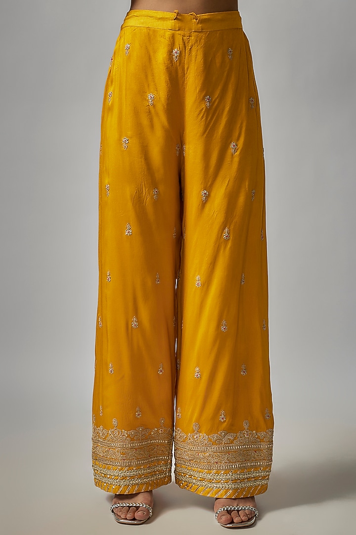 Yellow Tussar Motifs Embroidered Bridal Anarkali Set by GOPI VAID at Pernia's Pop Up Shop
