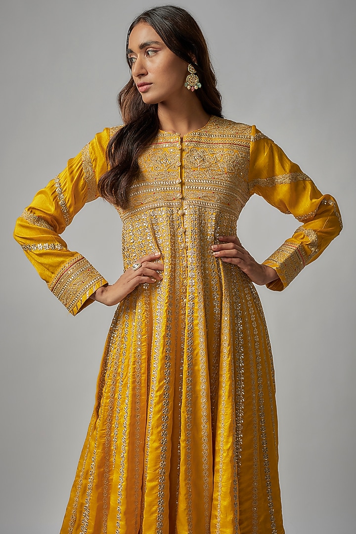 Yellow Tussar Motifs Embroidered Bridal Anarkali Set by GOPI VAID at Pernia's Pop Up Shop