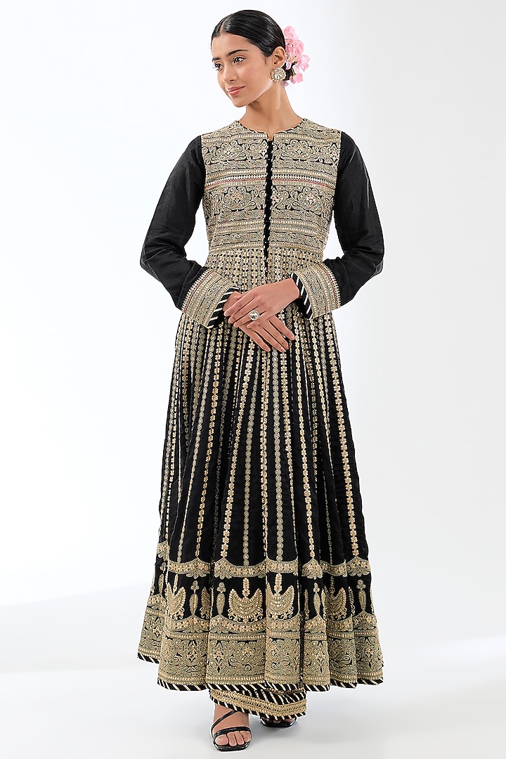 Black Tussar Motifs Bridal Anarkali Set by GOPI VAID at Pernia's Pop Up Shop