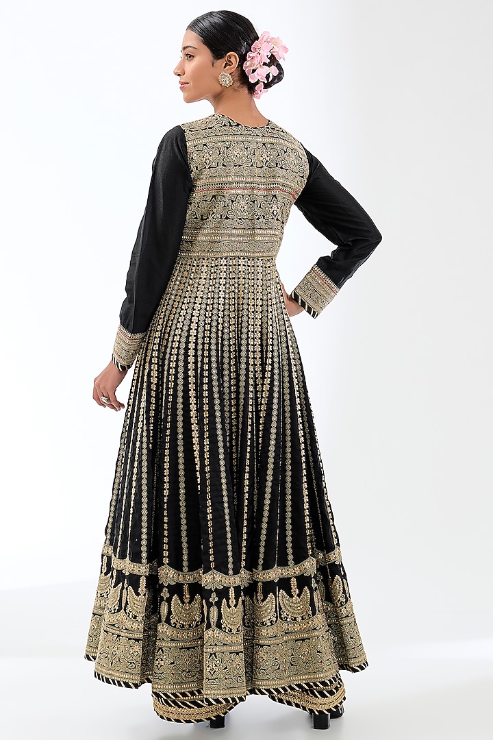 Black Tussar Motifs Bridal Anarkali Set by GOPI VAID at Pernia's Pop Up Shop